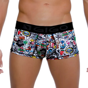 Vibrant graffiti style printed gigo crazy short boxer underwear with black elastic waistband size m