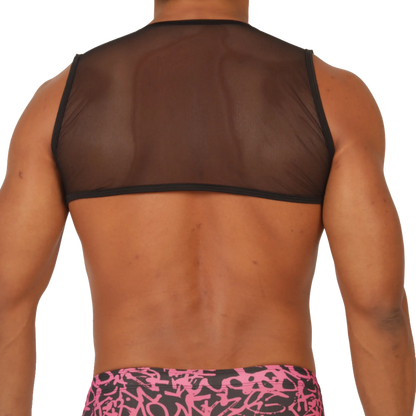 Black sheer mesh tank top with black trim in gigo crazy vest harness style showing front view