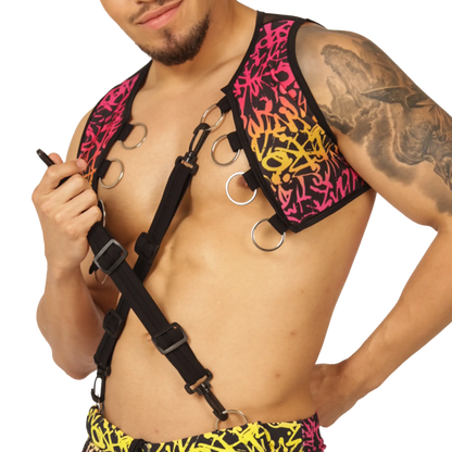 Black gigo crazy vest harness with vibrant pink orange and yellow graffiti style pattern on shoulder panels