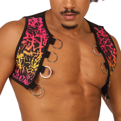 Vibrant graffiti-patterned black neoprene gigo crazy vest harness with metallic silver rings and adjustable straps