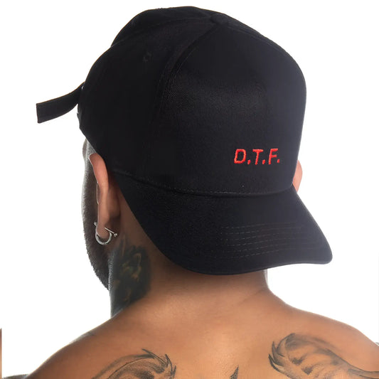 Gigo D.T.F. black baseball cap featuring red embroidered d.t.f. logo and adjustable fabric tie on the back side