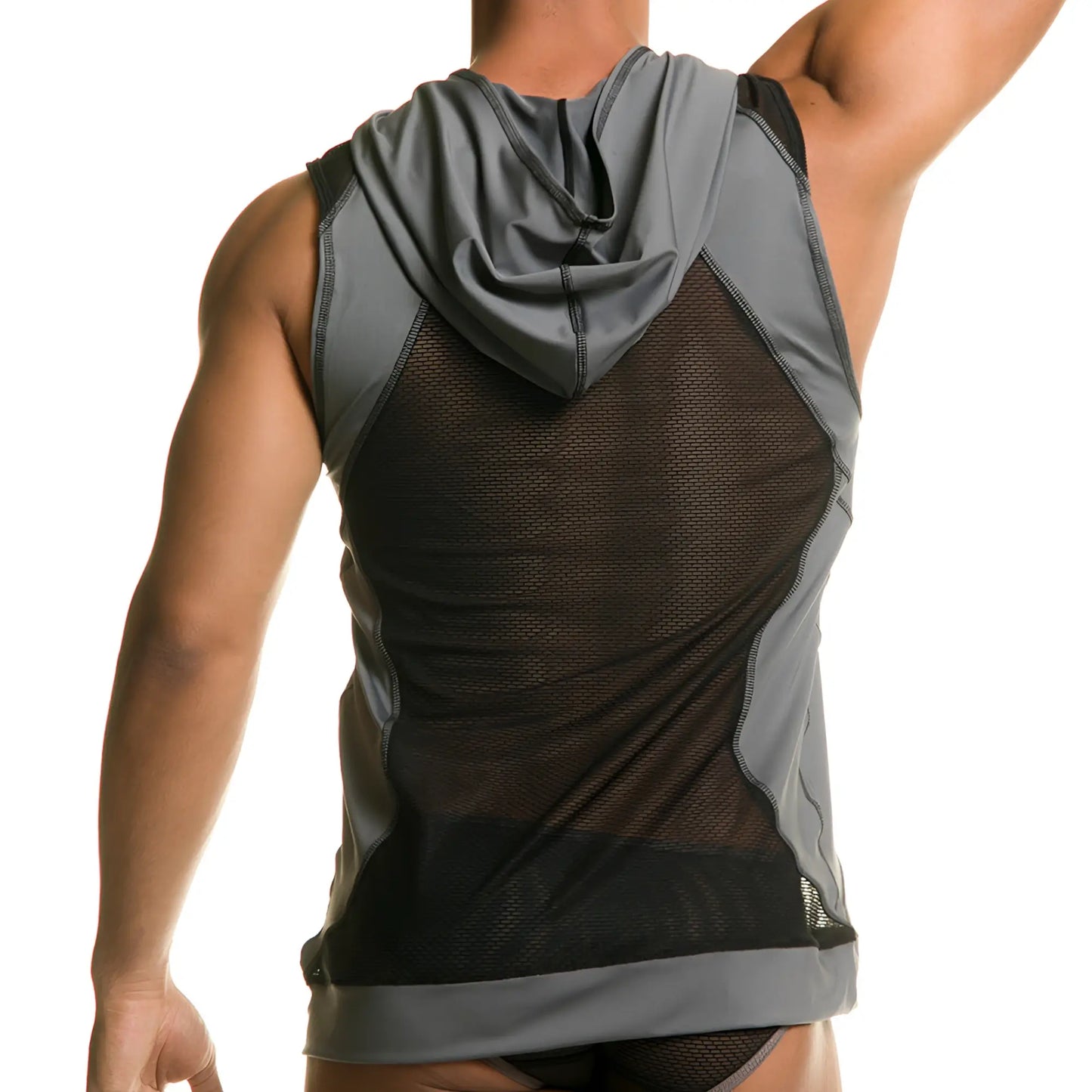 Gray and black mesh sleeveless hoodie with hood and solid fabric panels for structure from gigo destructive gray hoody tshirt