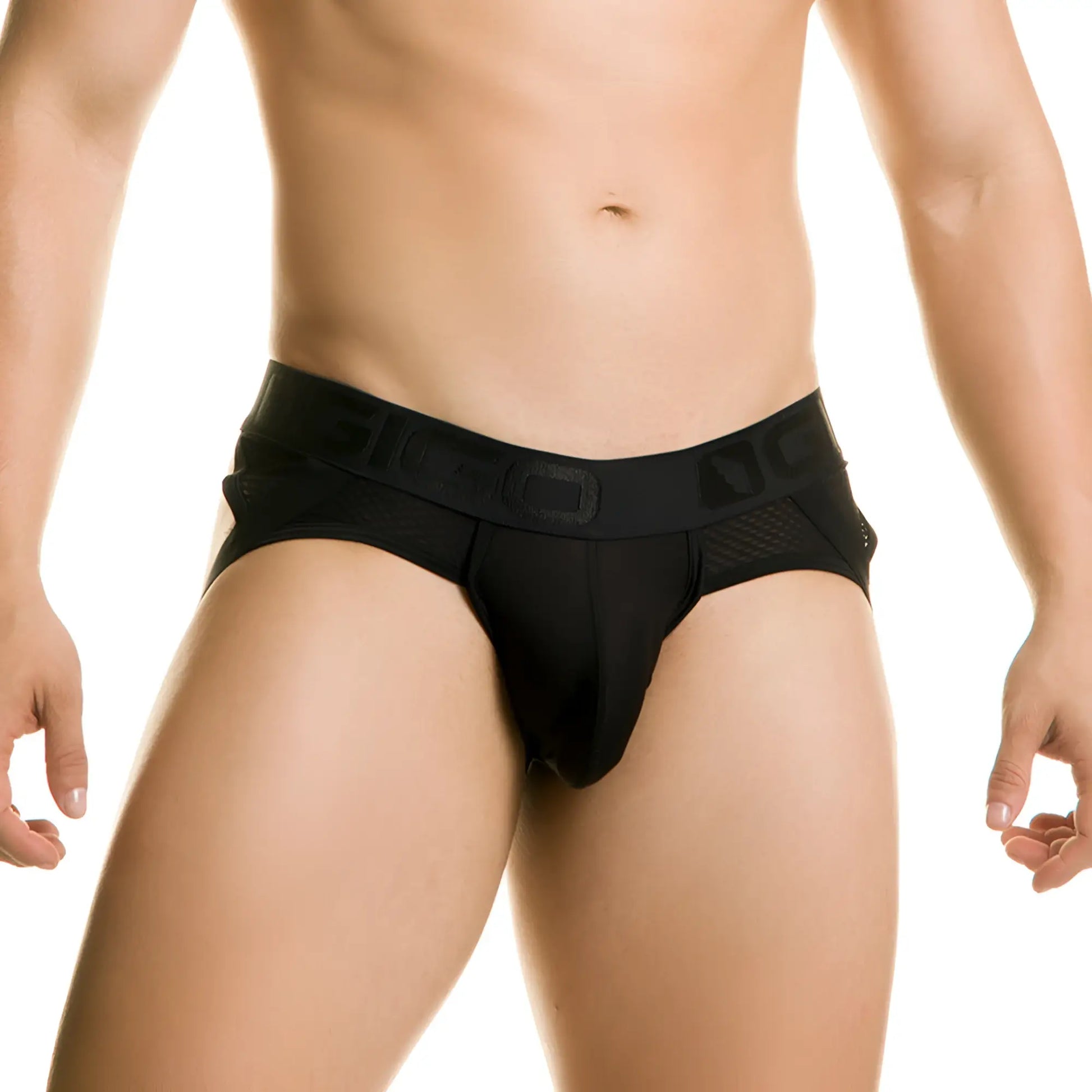 Black mesh briefs with a solid waistband featuring an embossed logo from gigo diversity black brief jockstrap