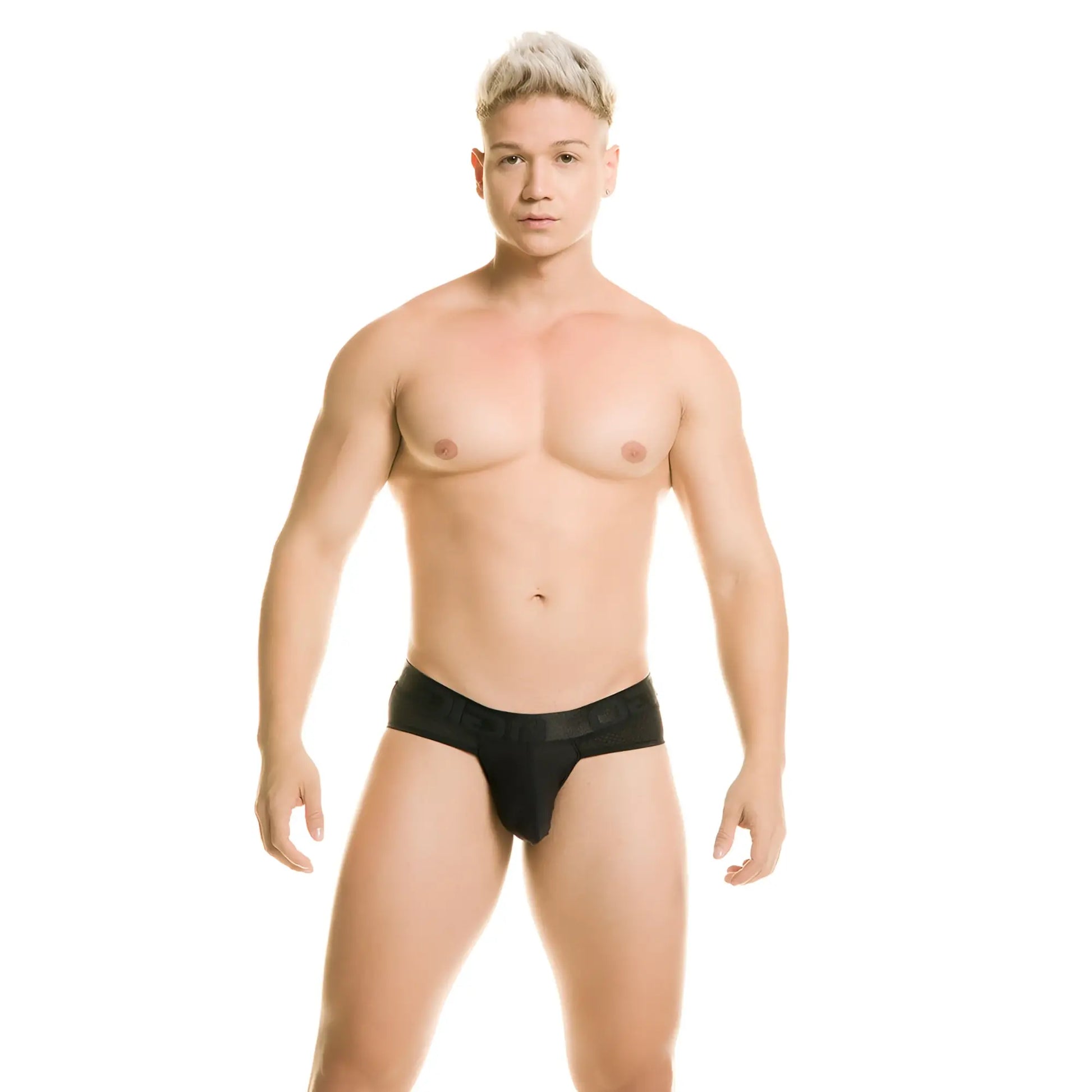 Black sleek form-fitting Gigo Diversity brief jockstrap made of smooth stretchy material shown from the back side