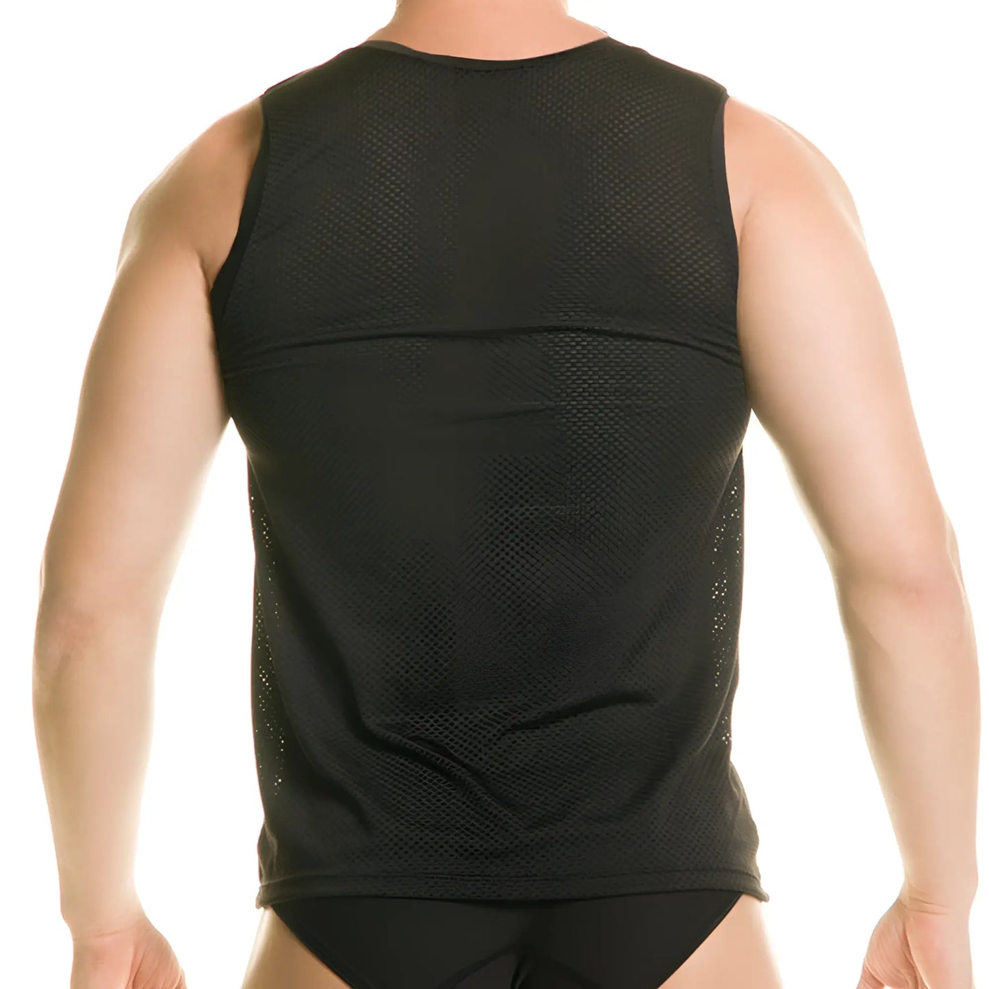Gigo Diversity black tank sleeveless athletic top with black mesh, solid midsection panel, and perforated side panels