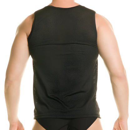Gigo Diversity black tank sleeveless athletic top with black mesh, solid midsection panel, and perforated side panels