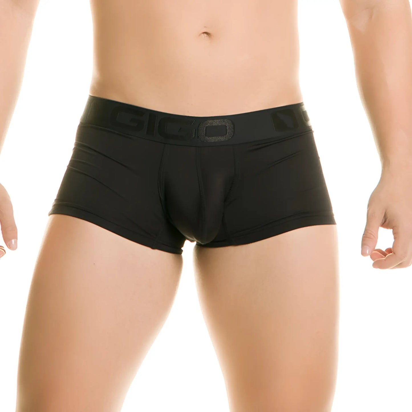 Black gicio menâ€™s briefs in smooth form-fitting fabric with subtle waistband branding from gigo diversity black trunk