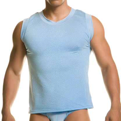 Light blue mesh sleeveless top with rounded neckline from Gigo Diversity blue tank collection