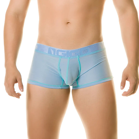 Light blue sheer menâ€™s boxer briefs with matching embossed Gigo waistband in the diversity blue trunk style