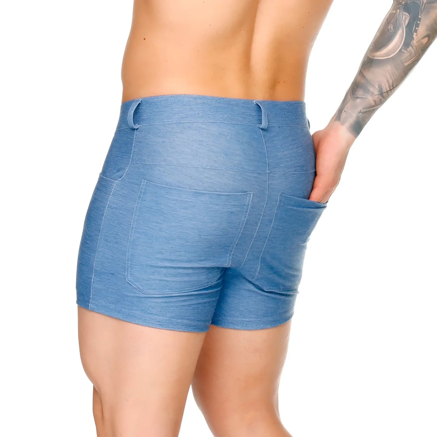 Back view of gigo dynasty bluejean sexyshort blue heathered shorts with two back pockets and high waistband