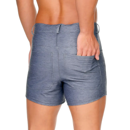 The back side of blue heathered gigo dynasty grayjean sexyshort shorts with two back pockets and belt loops