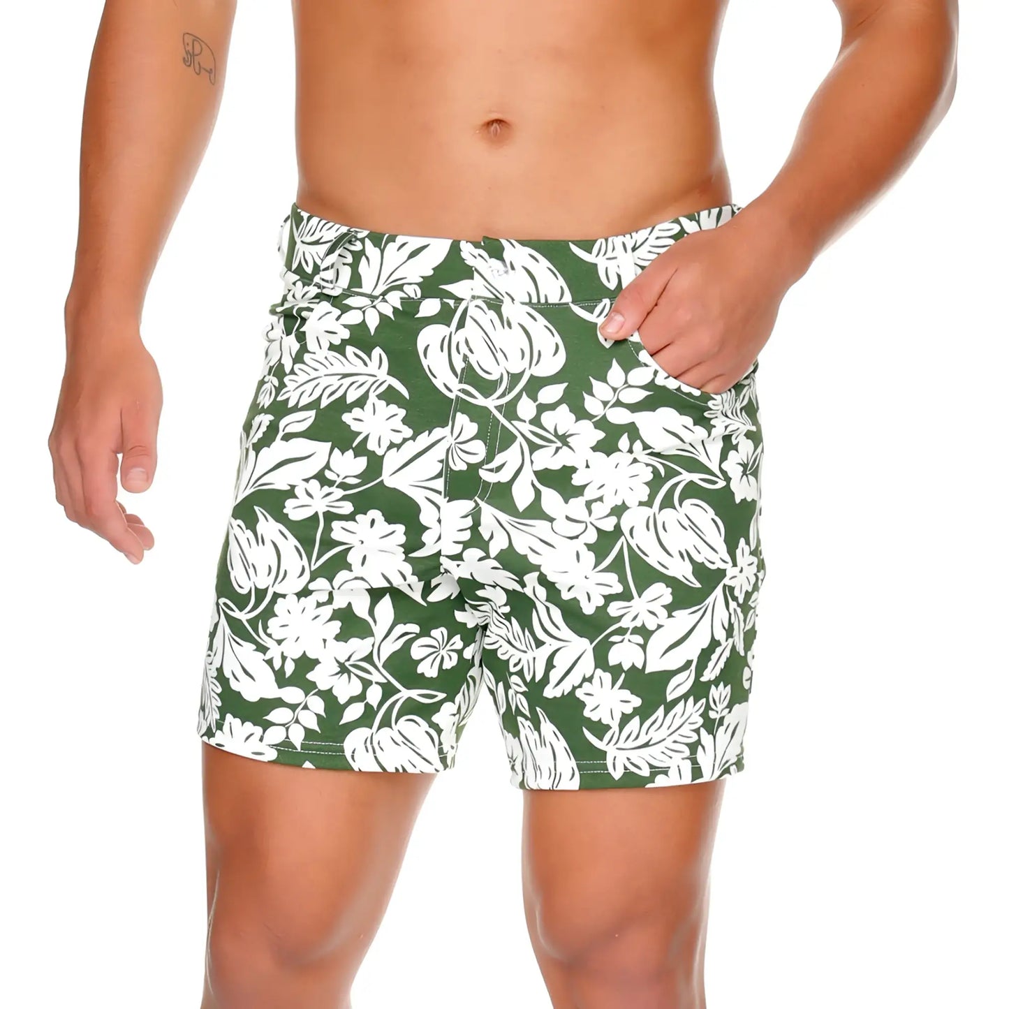 Gigo Dynasty green short swim trunks with green and white floral pattern ideal for beachwear and swimming