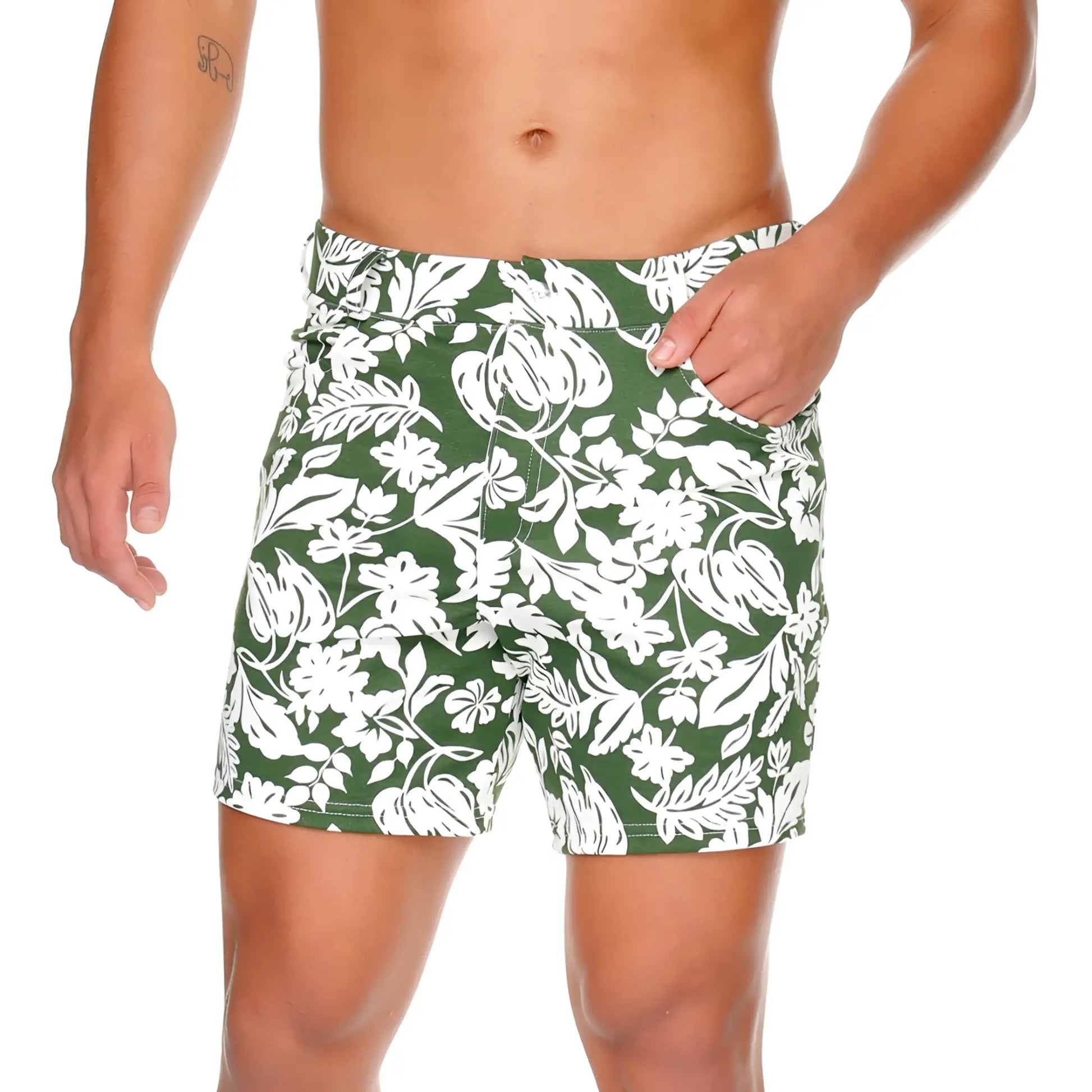Gigo Dynasty green short swim trunks with green and white floral pattern ideal for beachwear and swimming