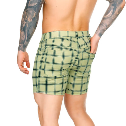 Gigo Dynasty olive short light green plaid tailored shorts with black stripes ideal for casual summer wear
