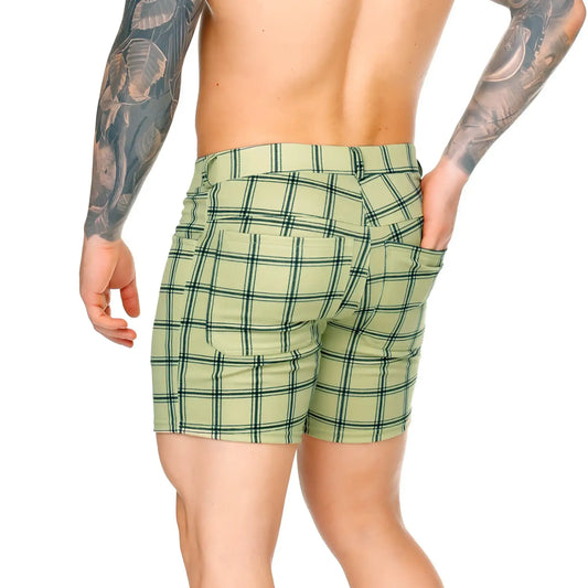 Gigo Dynasty olive short light green plaid tailored shorts with black stripes ideal for casual summer wear