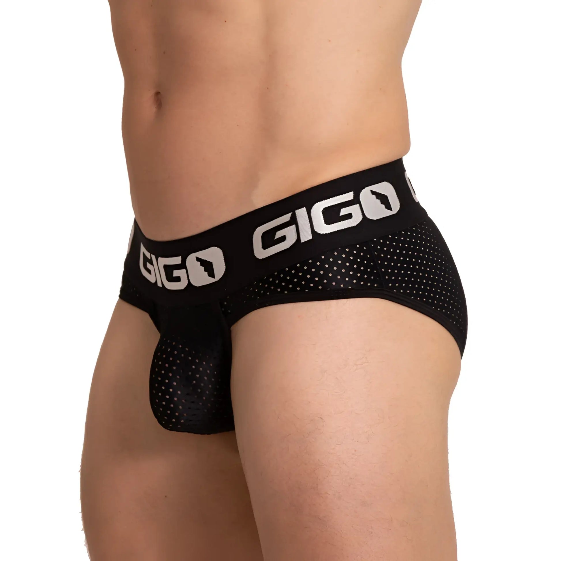 Black gigo brand menâ€™s briefs with perforated mesh design and white logo on waistband energetic black brief