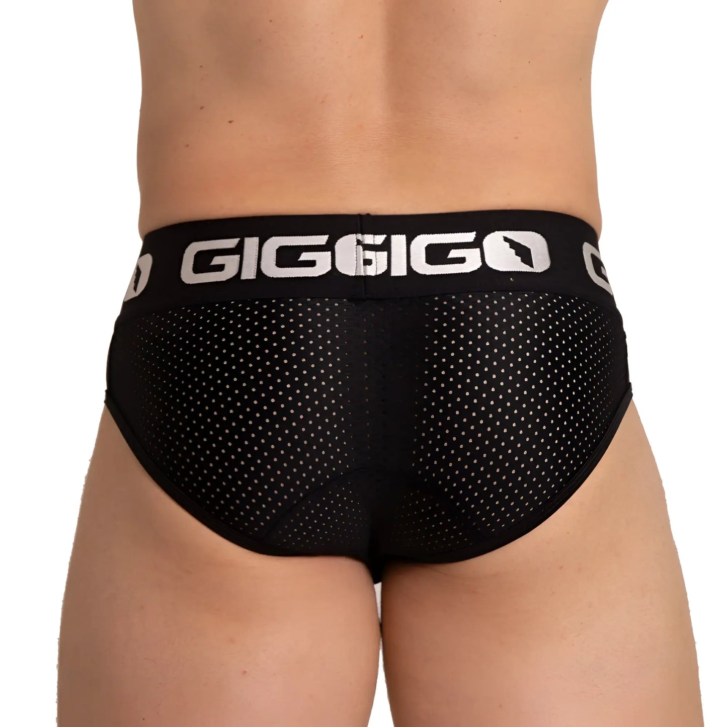 Black gigo energetic brief with perforated mesh design and white logo trim for breathable comfort