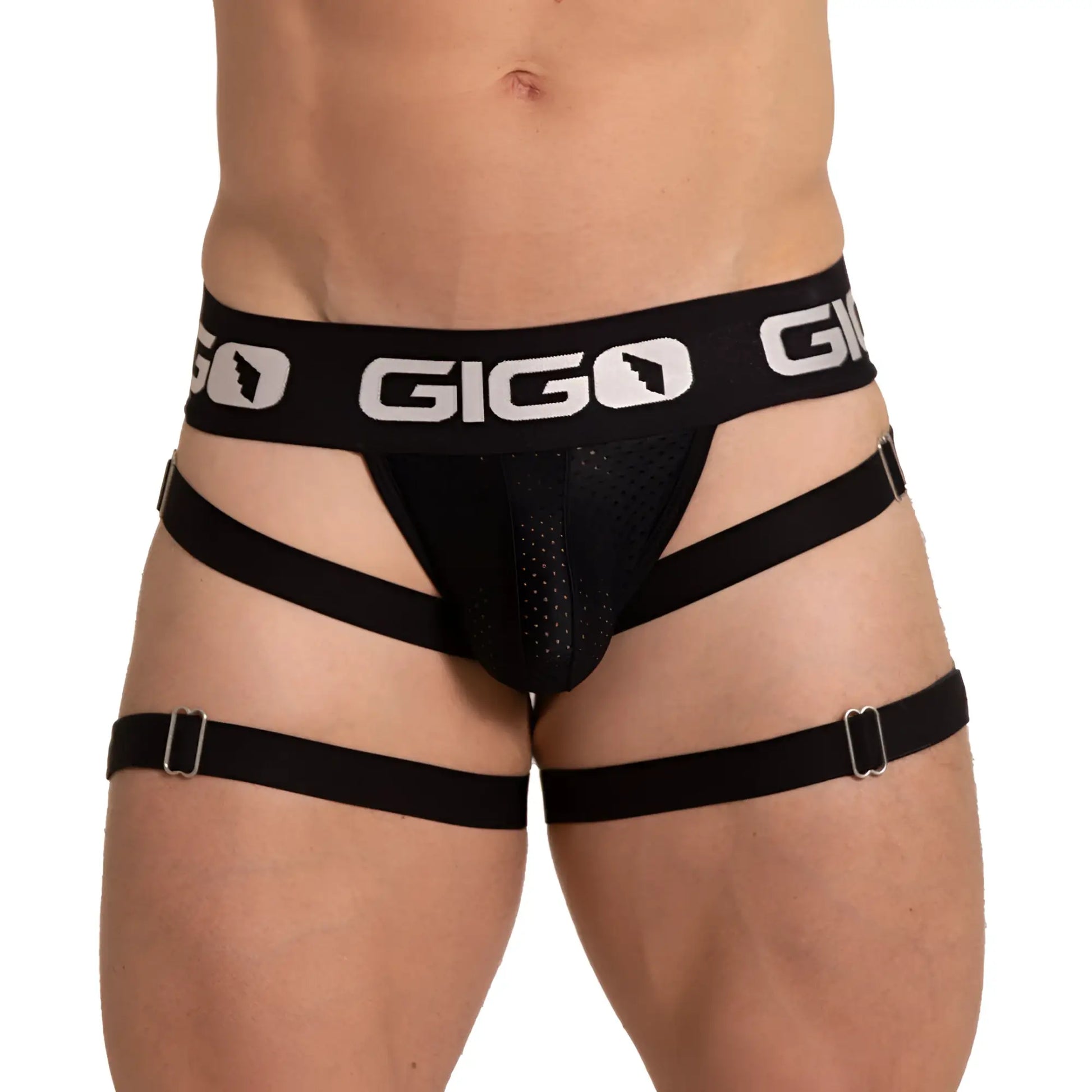 Black gigo menâ€™s energetic jock harness-style briefs with mesh front and adjustable straps