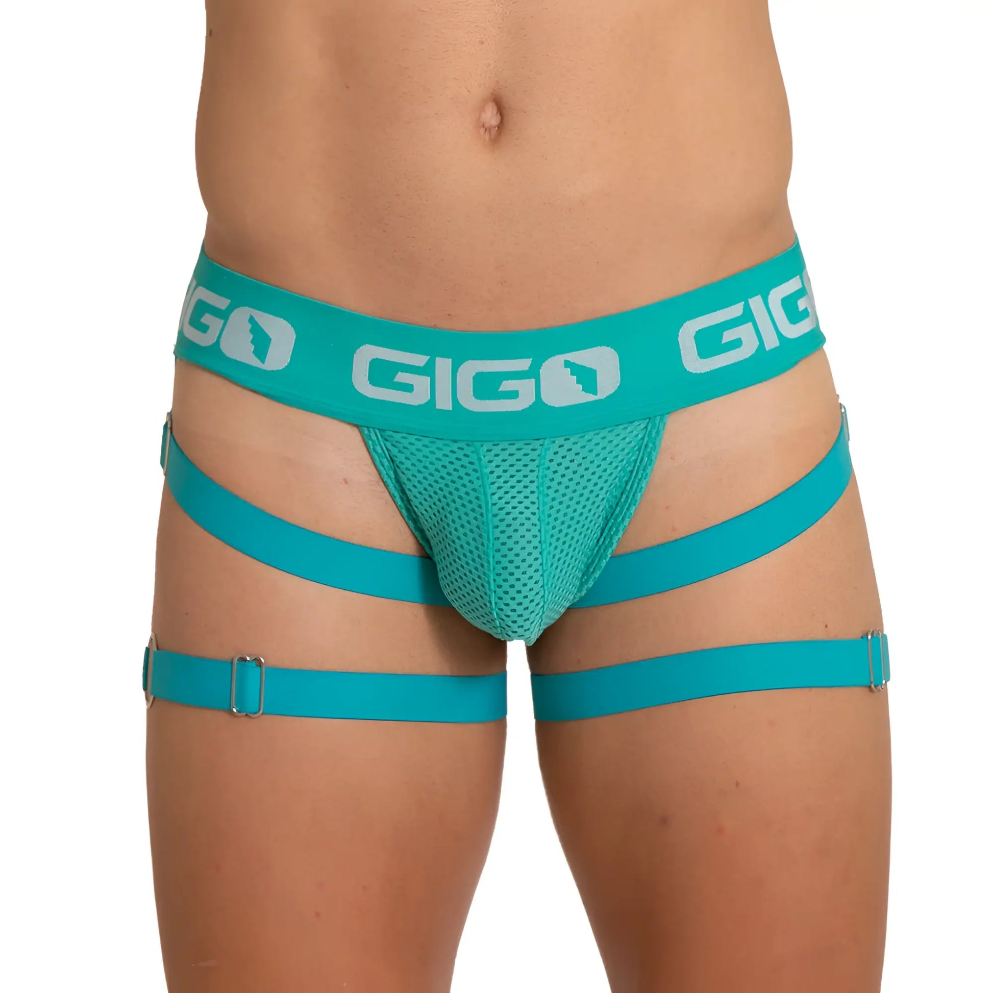 Teal gigo brand menâ€™s mesh briefs with adjustable leg straps and branded waistband for energetic sporty wear