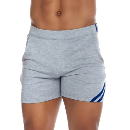 Gigo Energy gray heathered athletic shorts with blue diagonal stripes and small brand tag at waistband