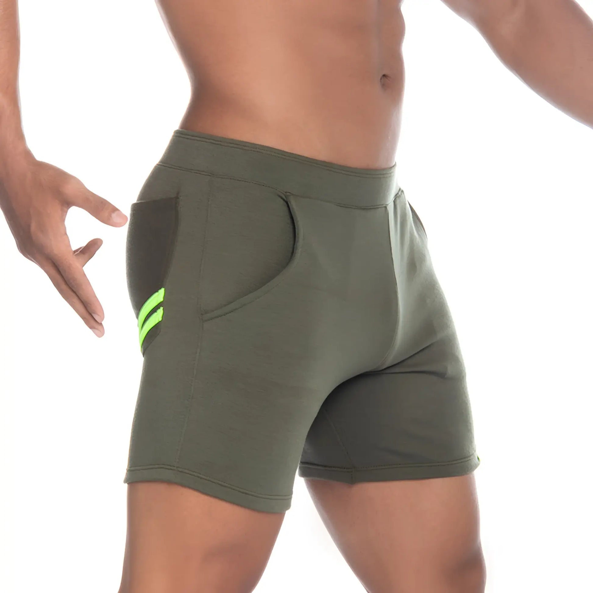 Olive green gigo energy green athletic shorts with neon green side stripes and mesh panel on the back view