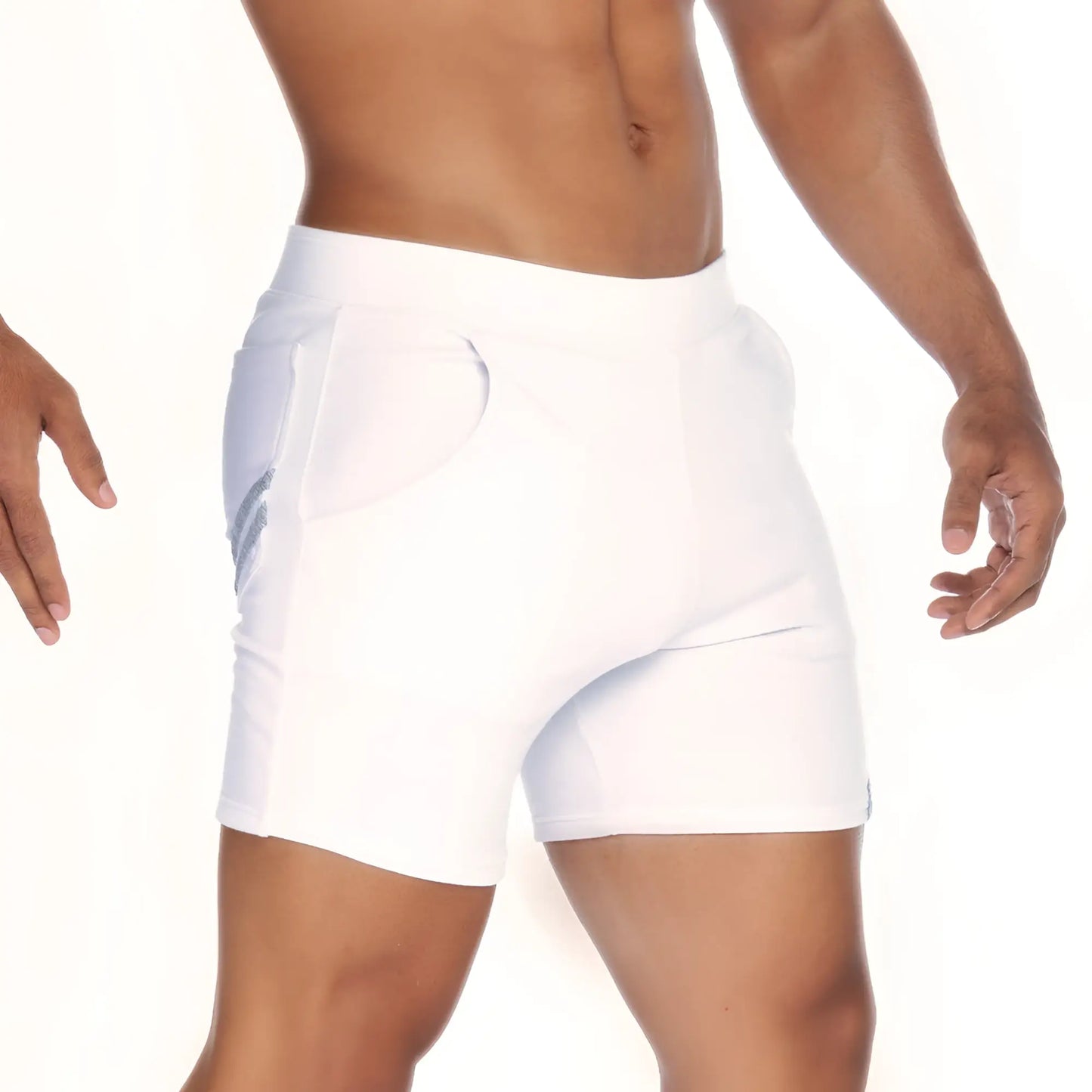 White gigo energy athletic shorts with a subtle gray logo on the side ideal for active wear