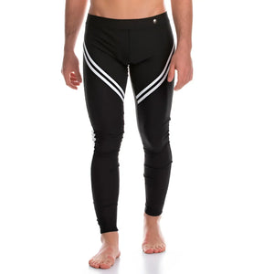 Black swim trunks with white diagonal stripes and a metallic button at the waistband