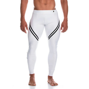 Gigo Enigmatic white athletic leggings with bold black diagonal stripes on outer thighs for active wear