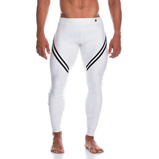 Gigo Enigmatic white athletic leggings with bold black diagonal stripes on outer thighs for active wear