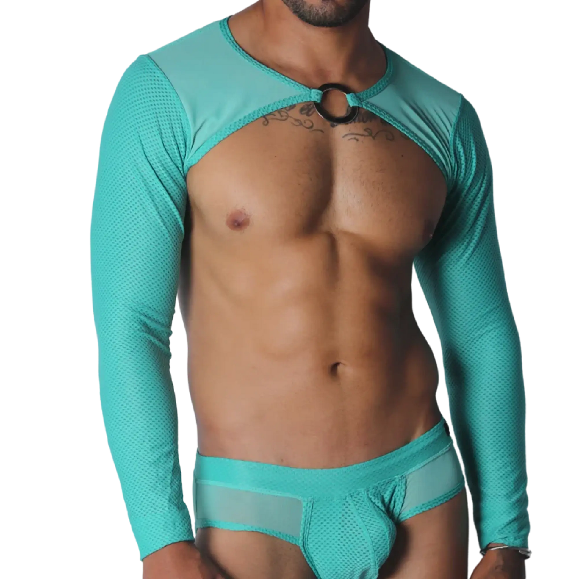 Aqua mesh long-sleeve crop harness with a metallic O-ring detail at the center neckline.