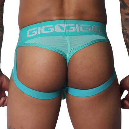 Aqua jockstrap made of sheer mesh with a thick branded waistband and elastic leg straps.