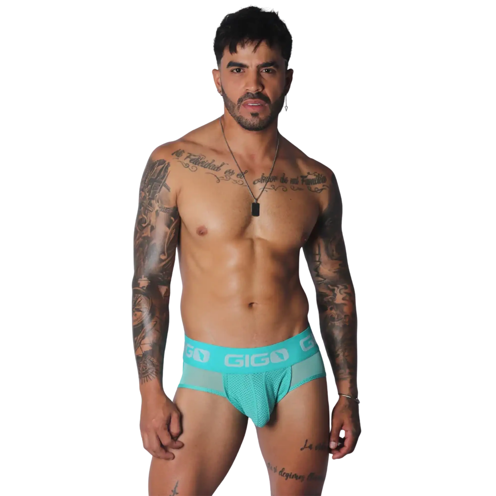 Aqua jock thong with mesh fabric, supportive pouch, and wide, branded elastic waistband with white logo lettering.
