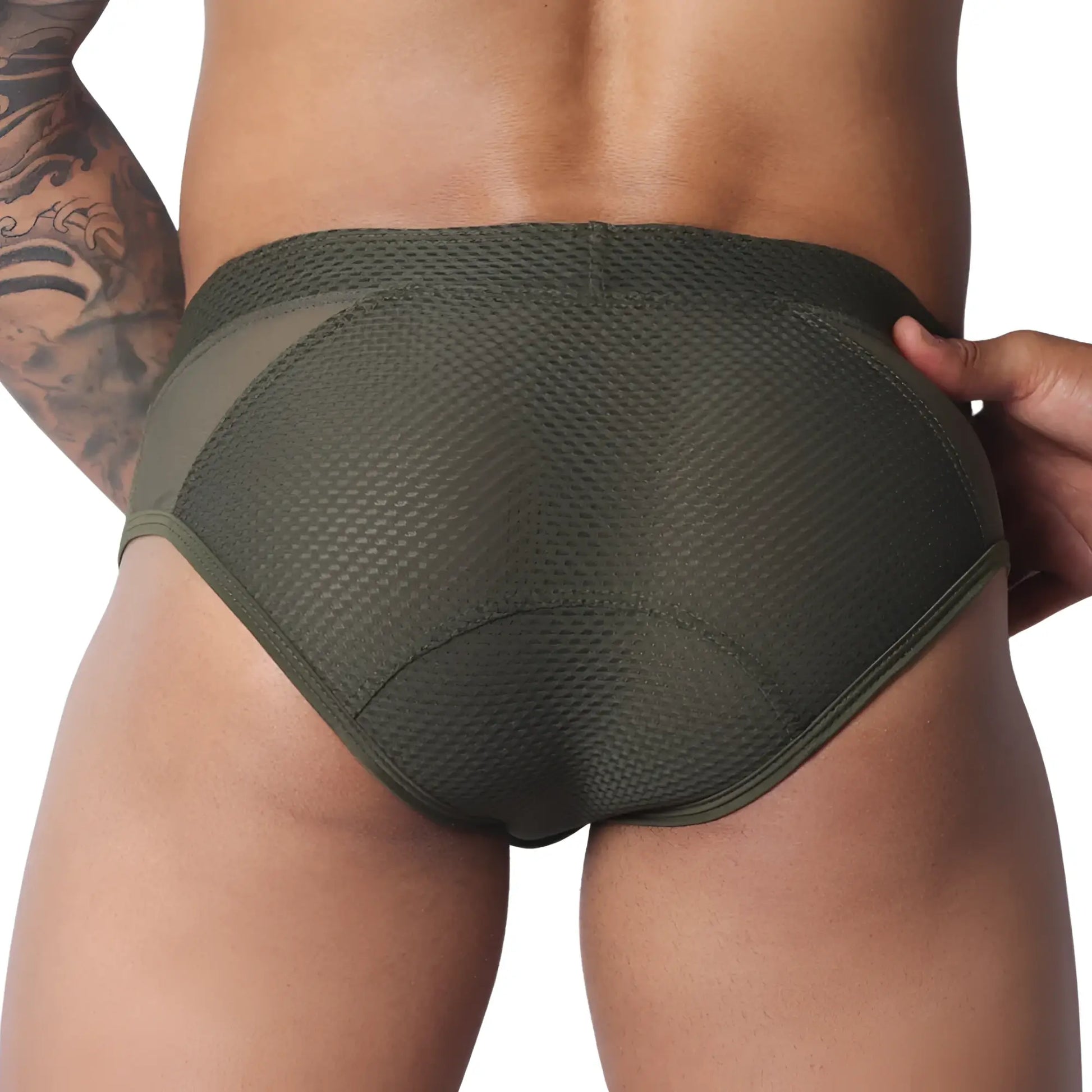 Olive green athletic briefs in textured mesh fabric with smooth side panels and rear contoured stitching.