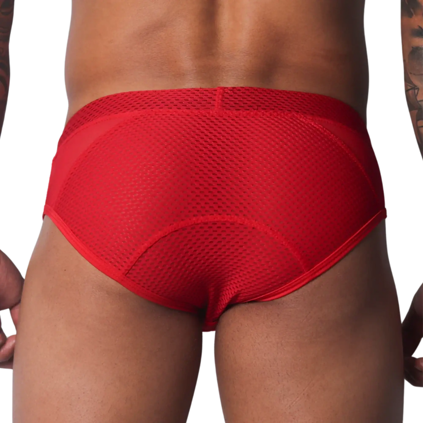 Bright red athletic-style brief with a breathable mesh back panel and solid fabric waistband and side details.
