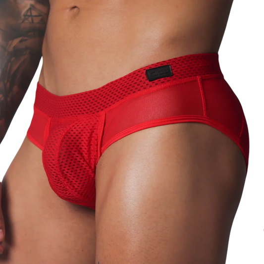 Red mesh athletic brief with a supportive pouch, wide textured waistband, and a black Gigo logo patch.