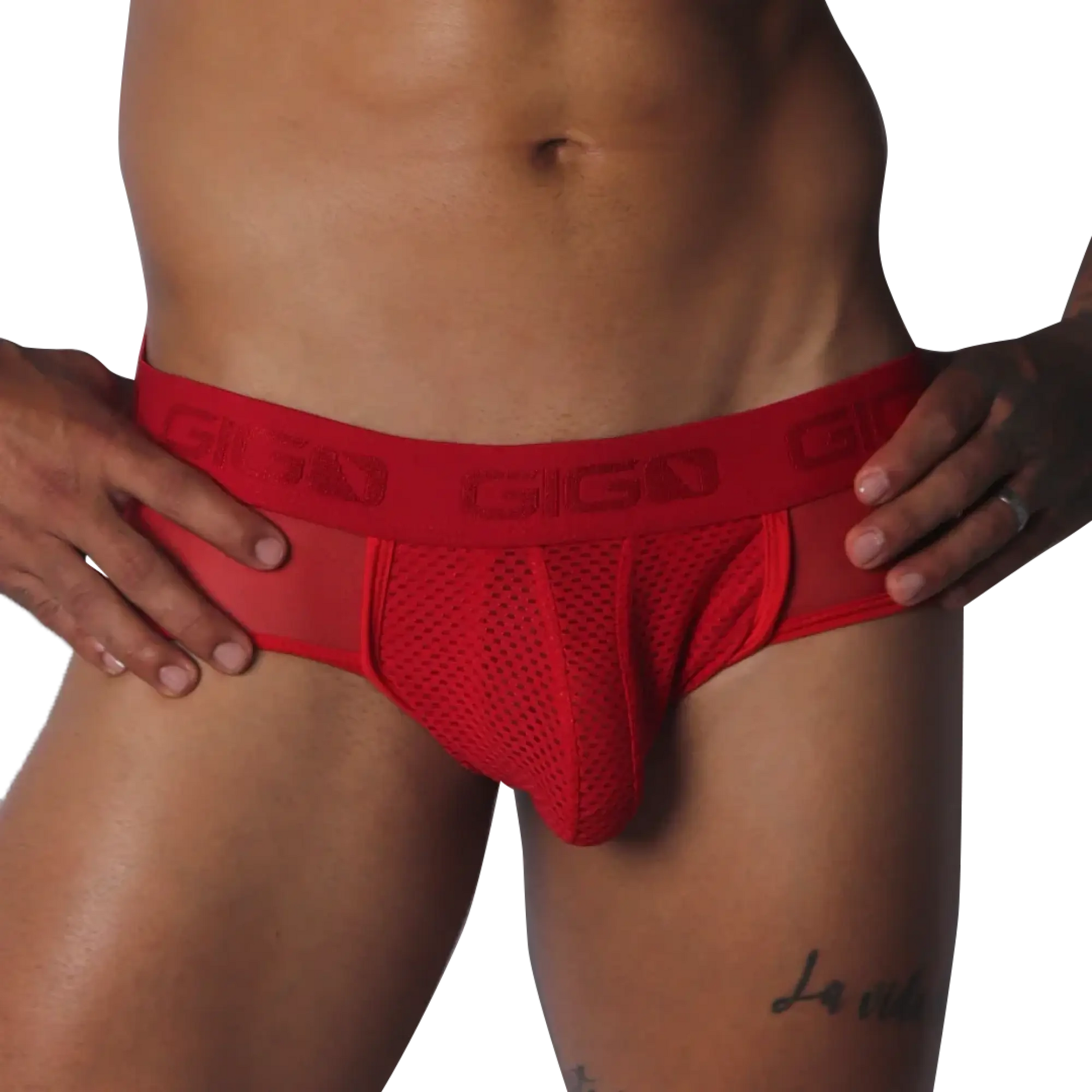 Red mesh jockstrap with a branded elastic waistband, featuring sheer side panels and a supportive contour pouch.