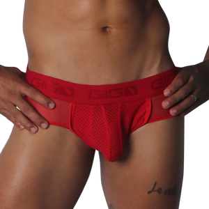 Red mesh jockstrap with a branded elastic waistband, featuring sheer side panels and a supportive contour pouch.