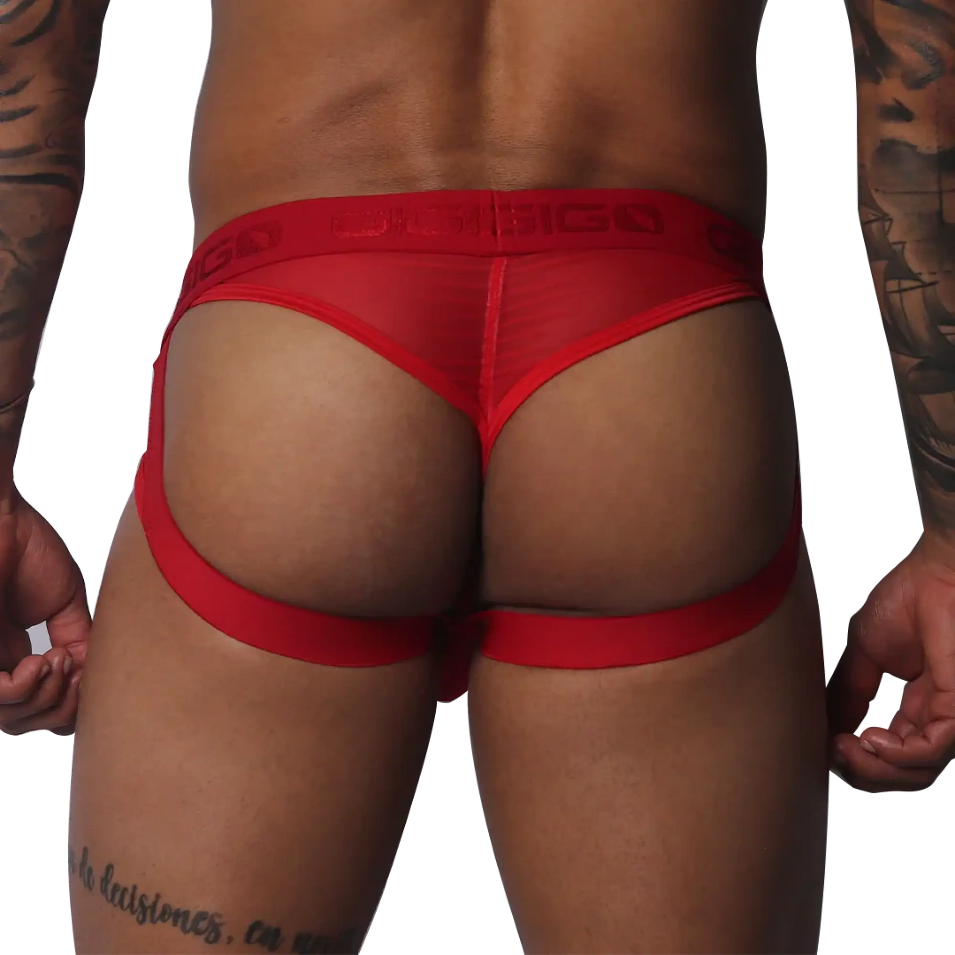 Red mesh jock strap with a wide branded elastic waistband and supportive leg straps.
