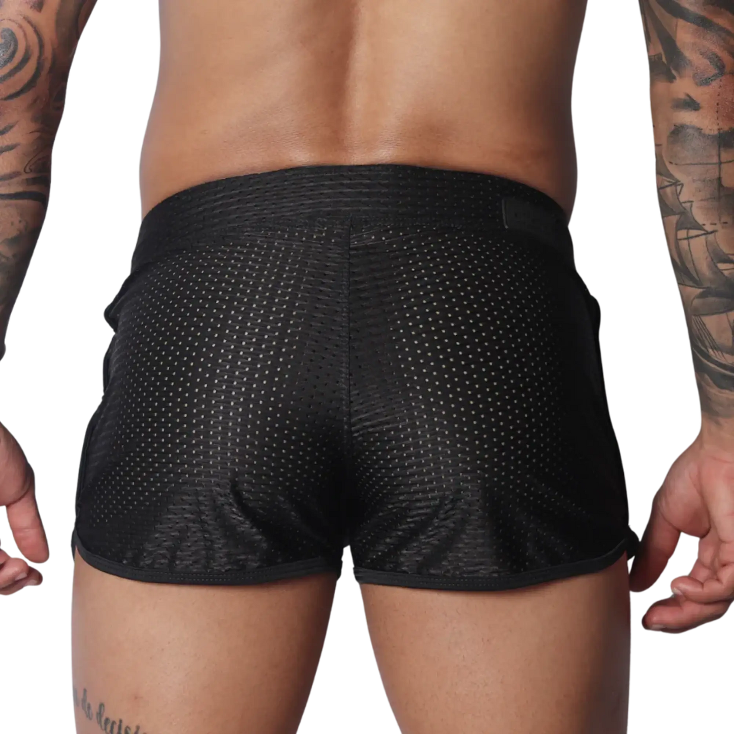 Black athletic short shorts in breathable mesh fabric with a solid waistband and slim, rounded hem.