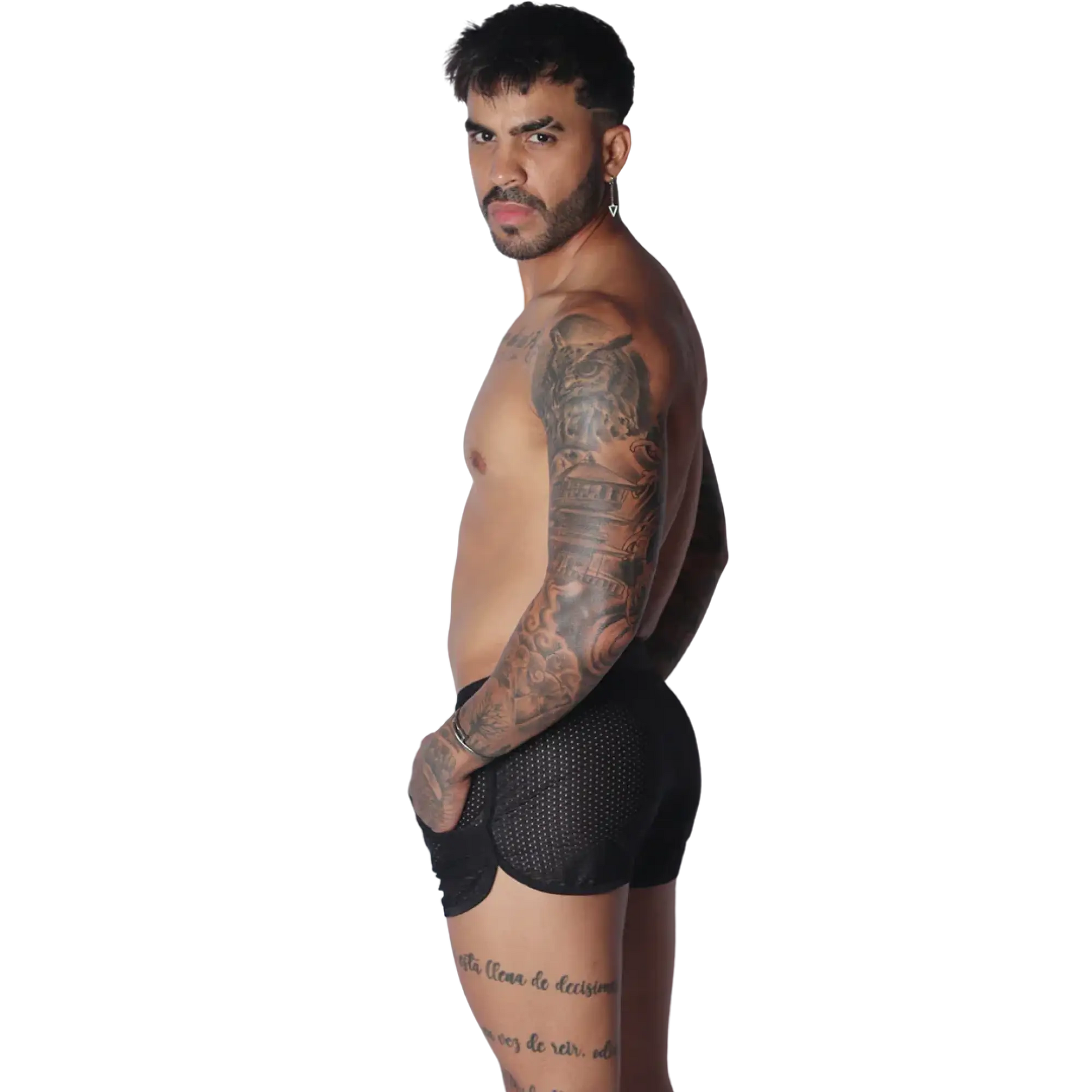 Black athletic mesh short with a curved hemline and pocket detail, worn by a shirtless man.