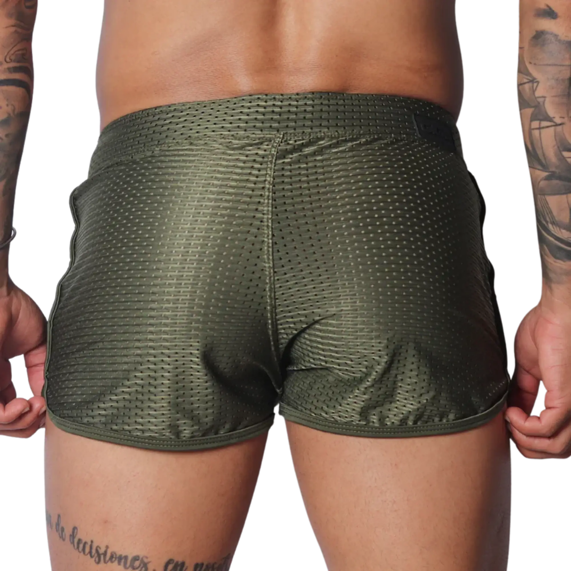 Olive green, athletic-style shorts in breathable mesh fabric with a short hem and slim fit.