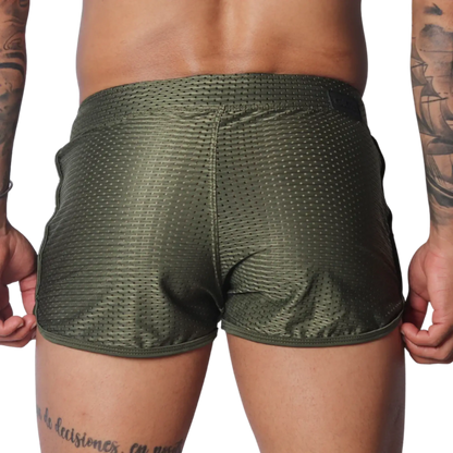 Olive green, athletic-style shorts in breathable mesh fabric with a short hem and slim fit.