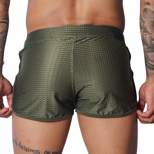 Olive green, athletic-style shorts in breathable mesh fabric with a short hem and slim fit.