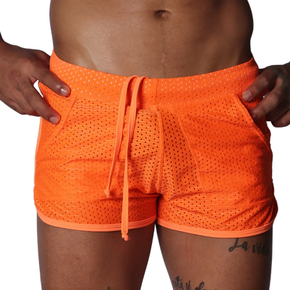 Bright orange athletic mesh shorts with a drawstring waistband and side pockets.