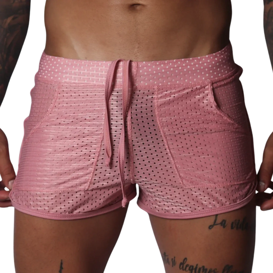 Pink mesh athletic shorts with a drawstring waistband, two side pockets, and a shorter, fitted cut.