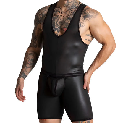 Gigo F Fetish black faux leather tank top with v-neck and matching shorts set for edgy fashion look