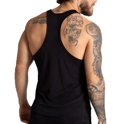 Black athletic tank top with textured breathable fabric and racerback design shown from the back for gigo f fetish black tank