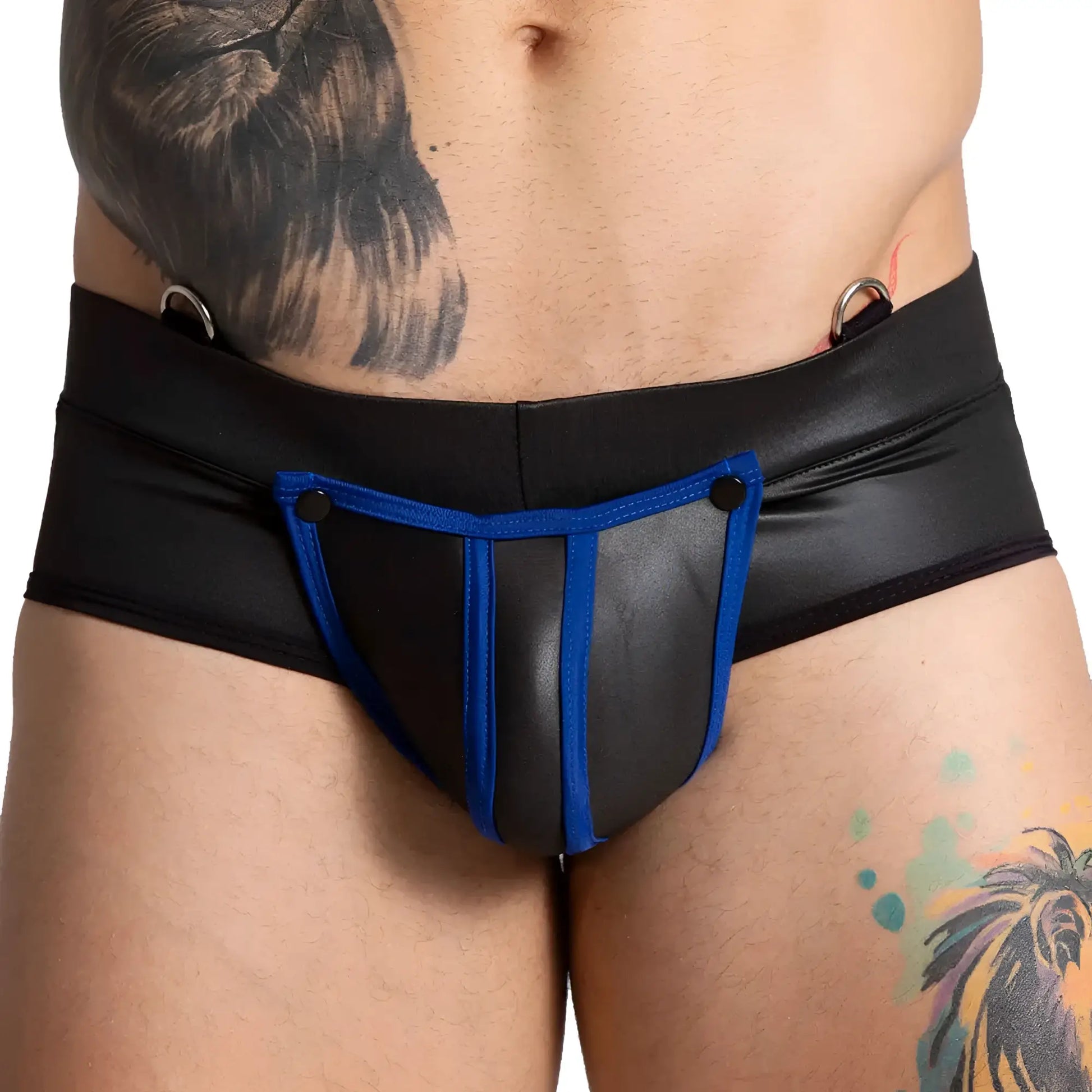 Black and blue gigo f fetish brief featuring a leather-like material with a central panel design