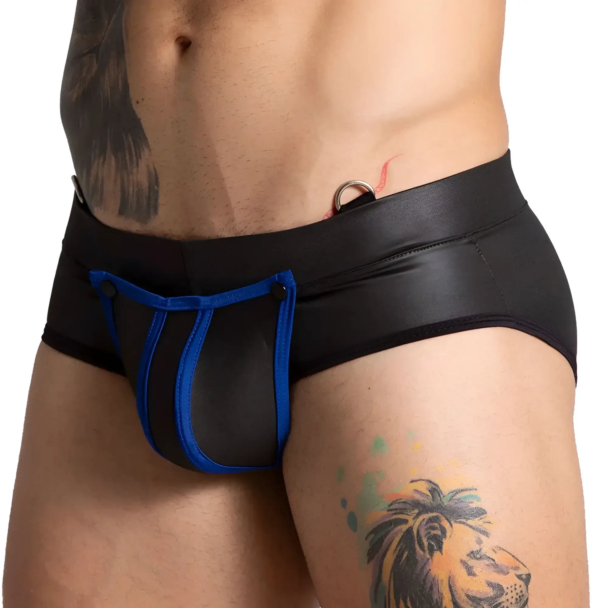 Black and blue leather-trimmed menâ€™s briefs with a shiny form-fitting design from Gigo F Fetish Blue Brief collection