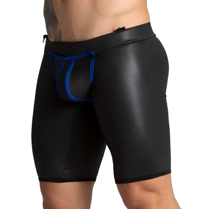 Black faux leather briefs with bold blue elasticized pouch detail from gigo f fetish blue trunk long collection